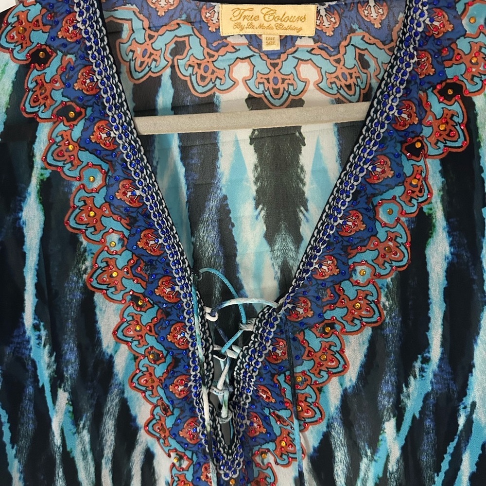 Blue and Green Graphic Tie Front Coverup